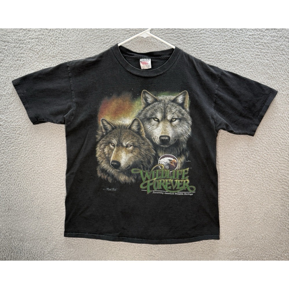 Vintage Oneita Shirt Mens Large Black Single Stitch Wolf Nature Grunge Faded 90s